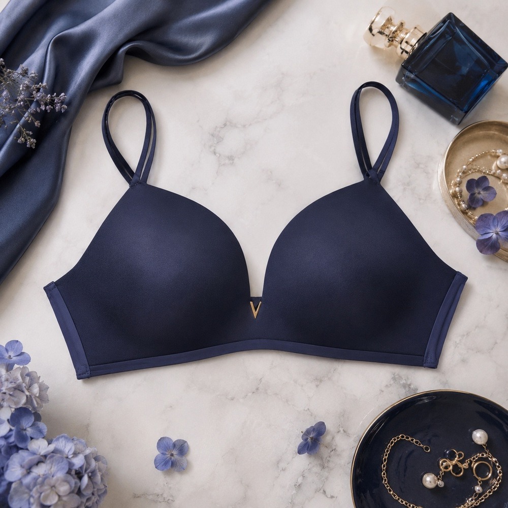 Victoria's Secret Very Sexy Wireless Plunge Bra Navy Blue Gold V-Hardware 34C